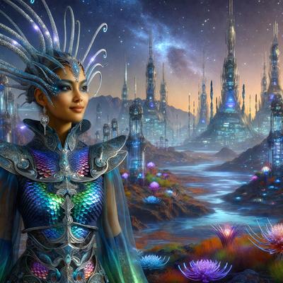 The primary subject of the image is a woman wearing a futuristic outfit, standing in front of a backdrop of futuristic buildings. The setting appears to be a futuristic cityscape, with the woman being the focal point of the scene. The visual style of the image is digital art, as it is a detailed and intricate illustration of the woman and her surroundings. The colors and mood of the image are predominantly blue and purple, giving it a futuristic and otherworldly atmosphere.